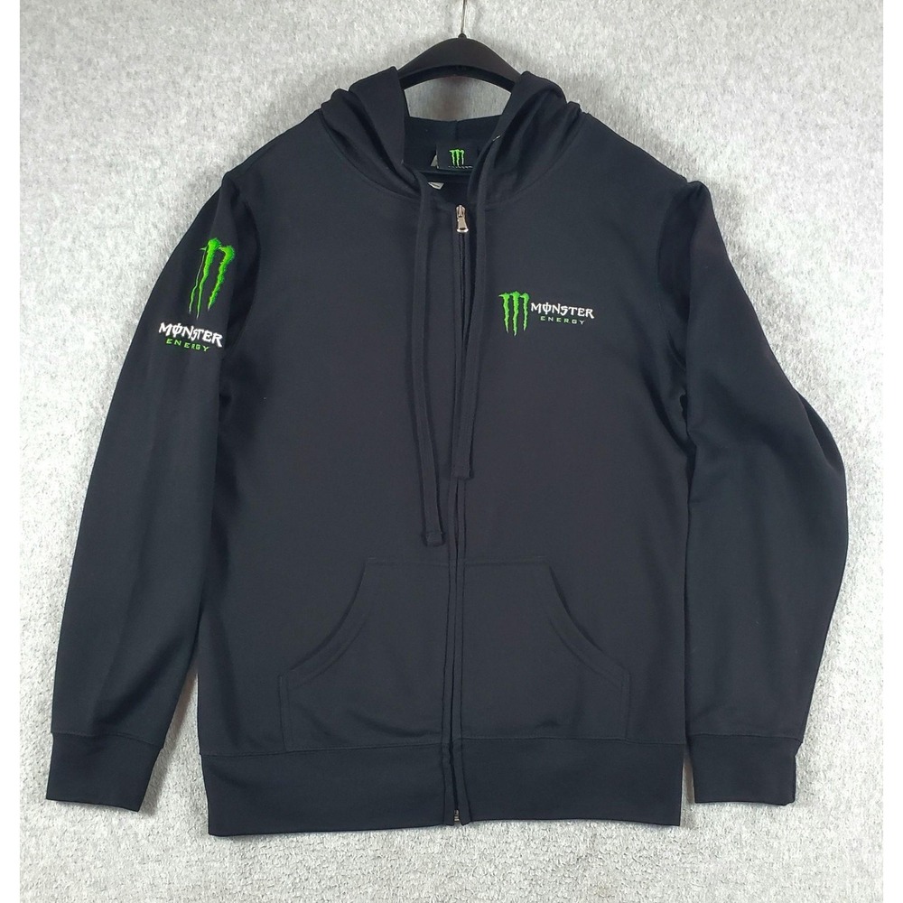 Monster Energy Hoodie Mens Medium Black Fleece Full Zip Graphic Logo Sleeve